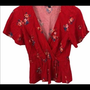 One Love Clothing Faux Wrap Floral Top Red Shirt